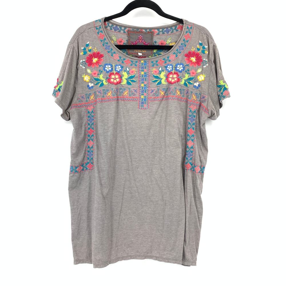 Johnny Was Womens XL Embroidered Tunic Top Gray Beige Floral Boho Short Sleeve